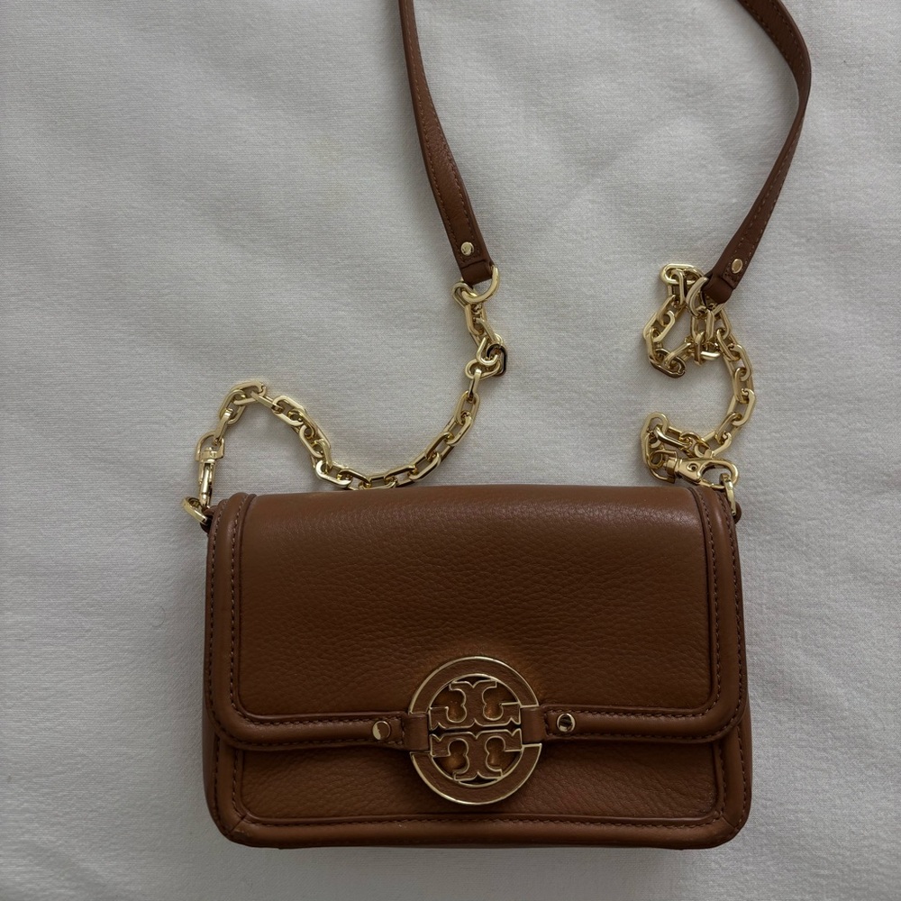 Tory Burch Tan Leather Crossbody Bag with Gold Chain
